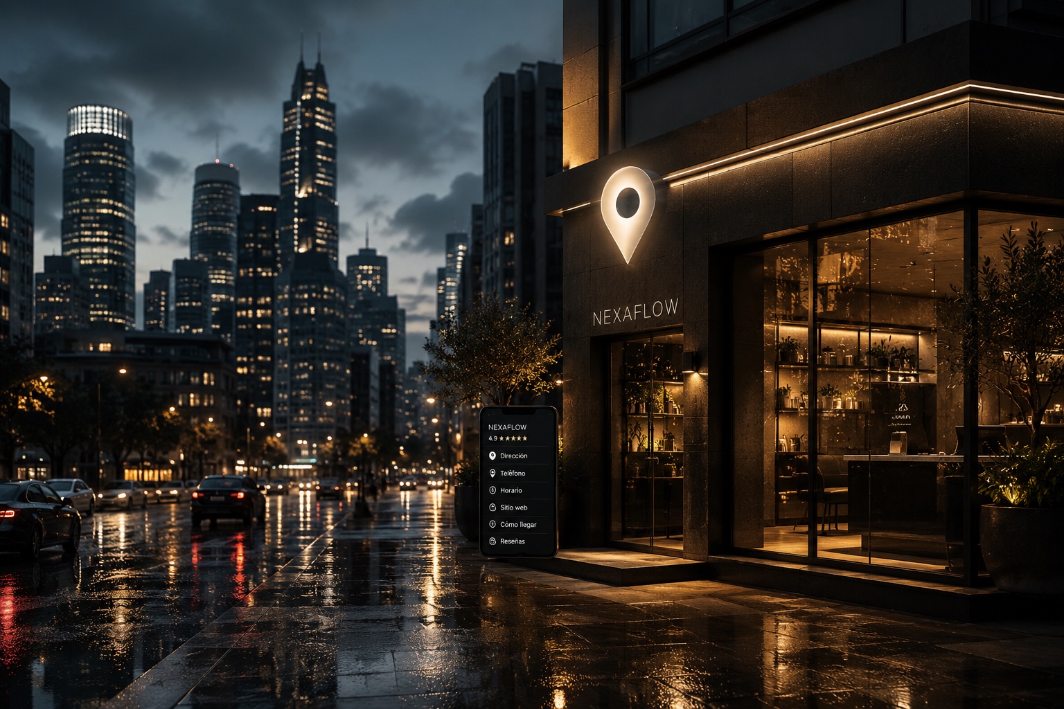 Ficha de Google Business Profile de un negocio local de noche