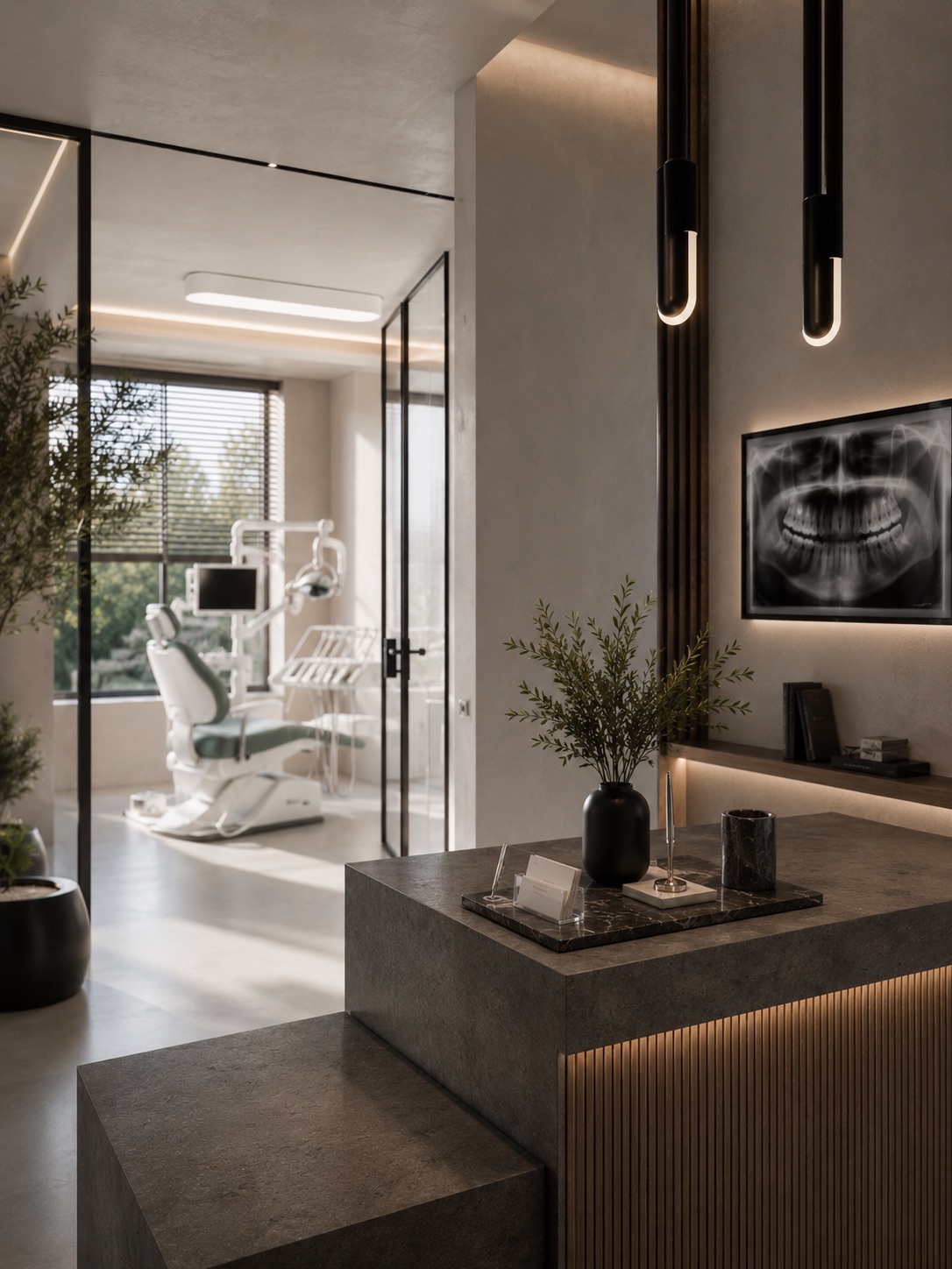 Recepción de clínica dental premium con sistema NexaFlow