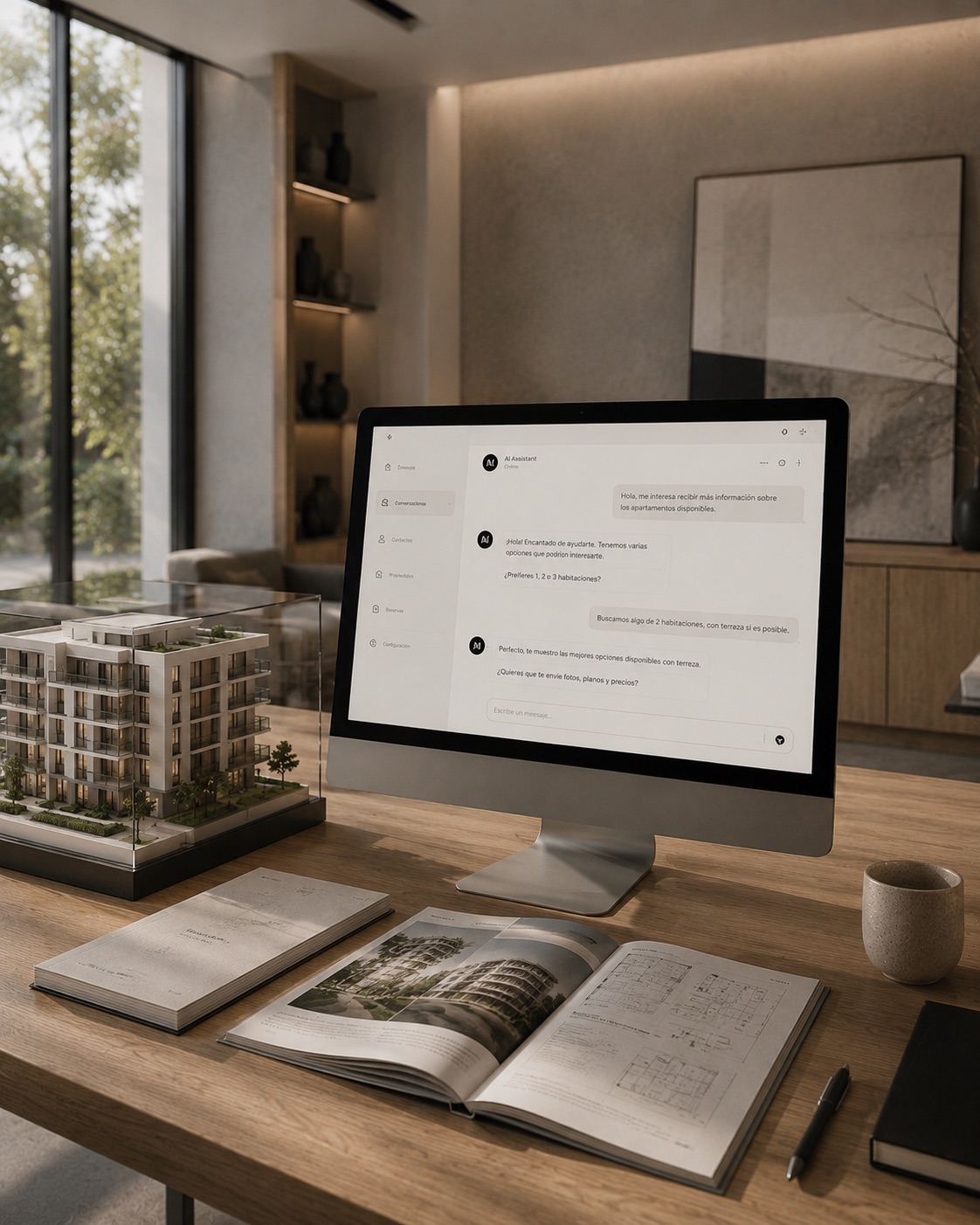 Oficina inmobiliaria con chatbot IA y maqueta de edificio