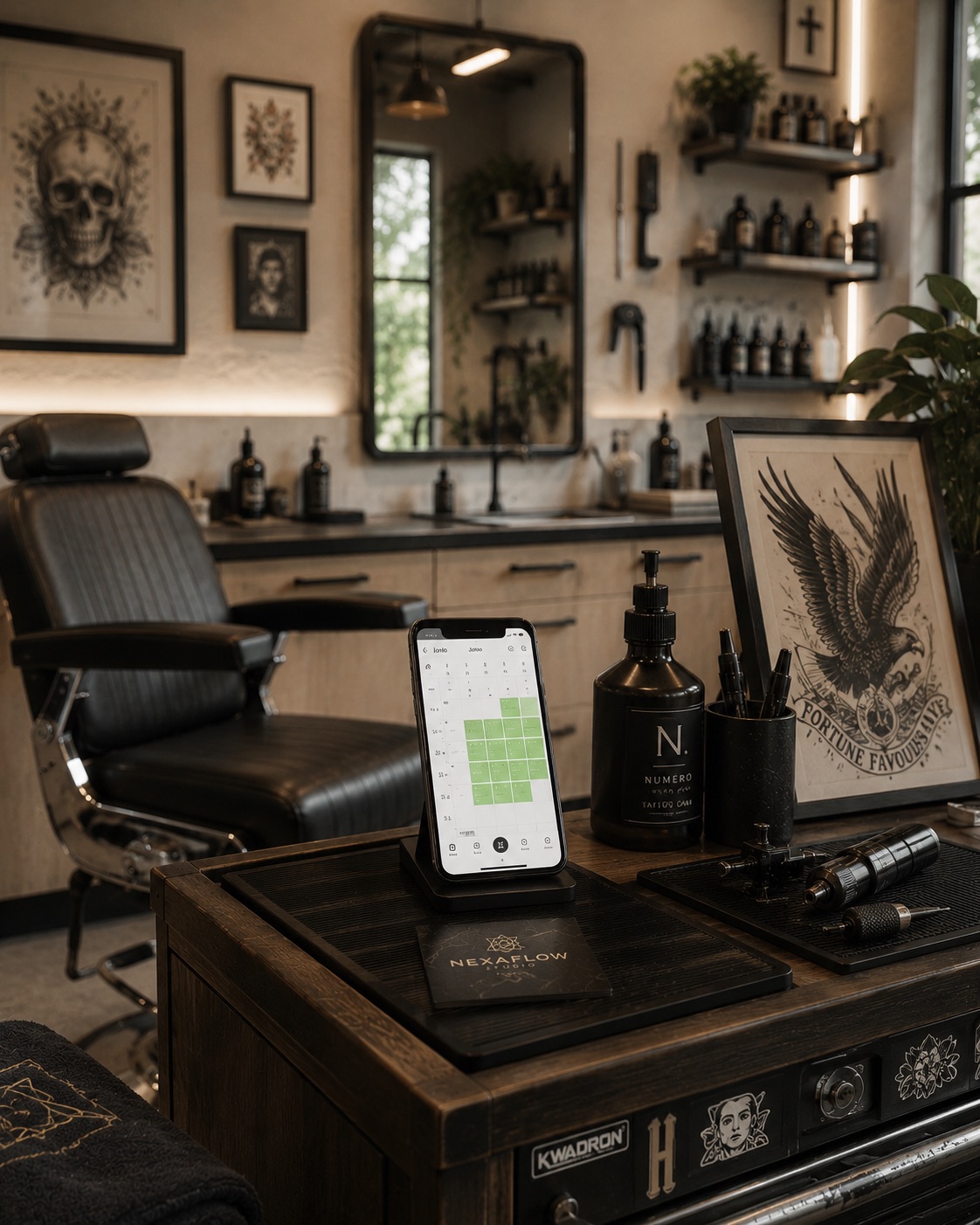 Estudio de tatuaje premium con calendario lleno en el móvil