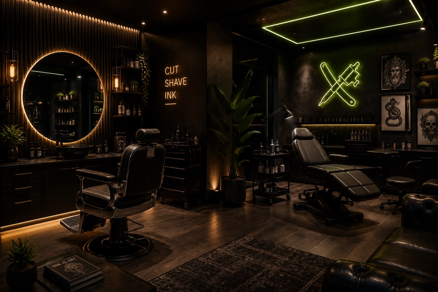 Barbería y estudio de tatuajes premium con neón Cut Shave Ink — webs para barberos y tatuadores
