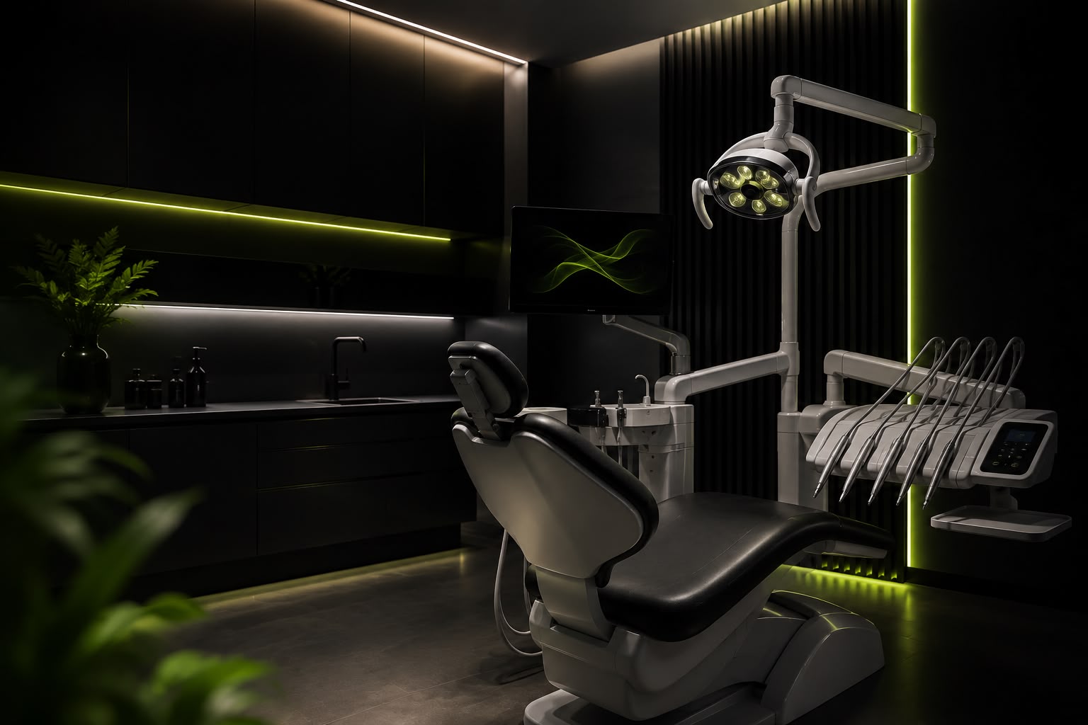 Consulta de clínica dental moderna con iluminación lime — diseño web y SEO para dentistas en Valencia