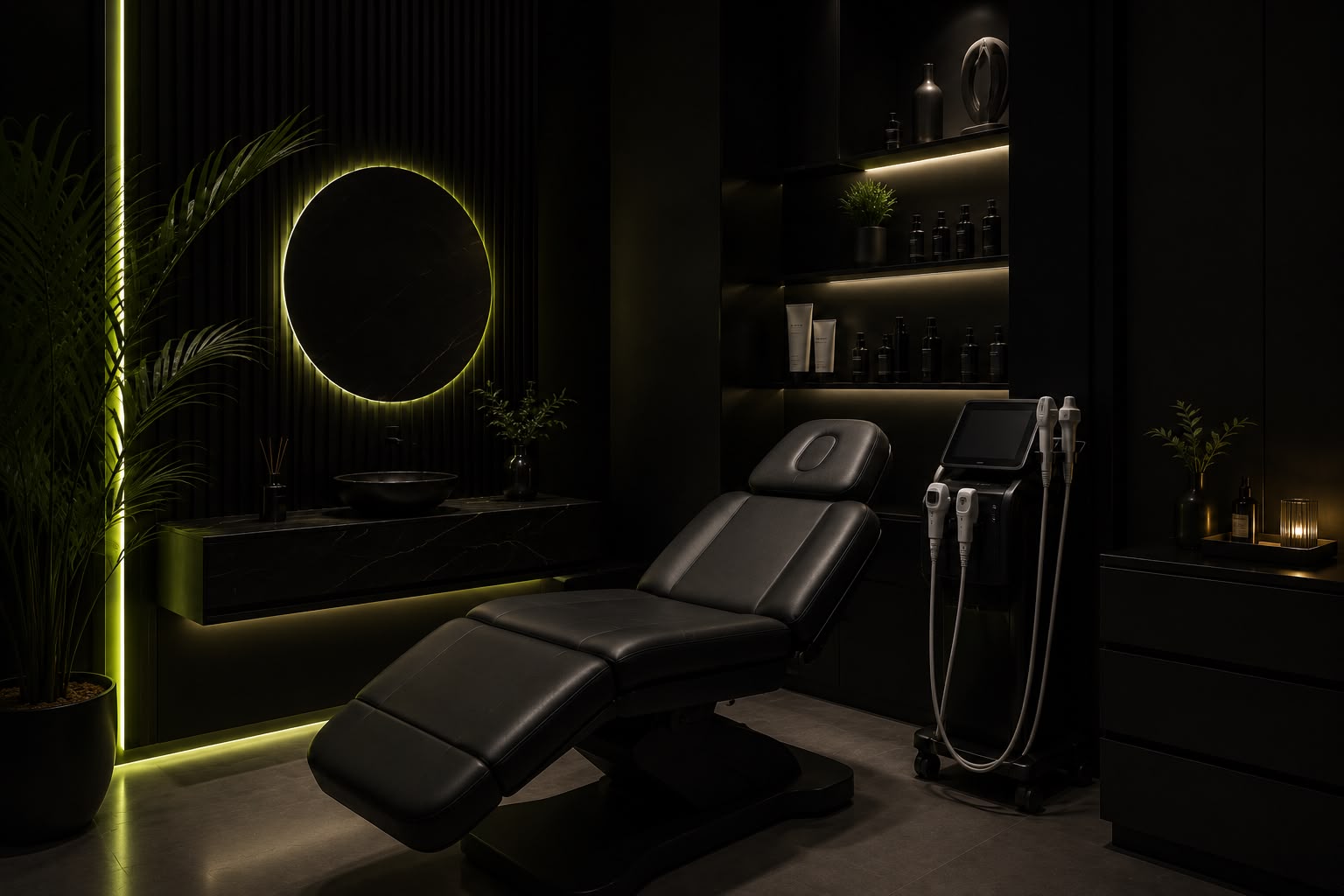 Cabina de clínica estética premium con luz lime — webs para centros de belleza y estética en Valencia