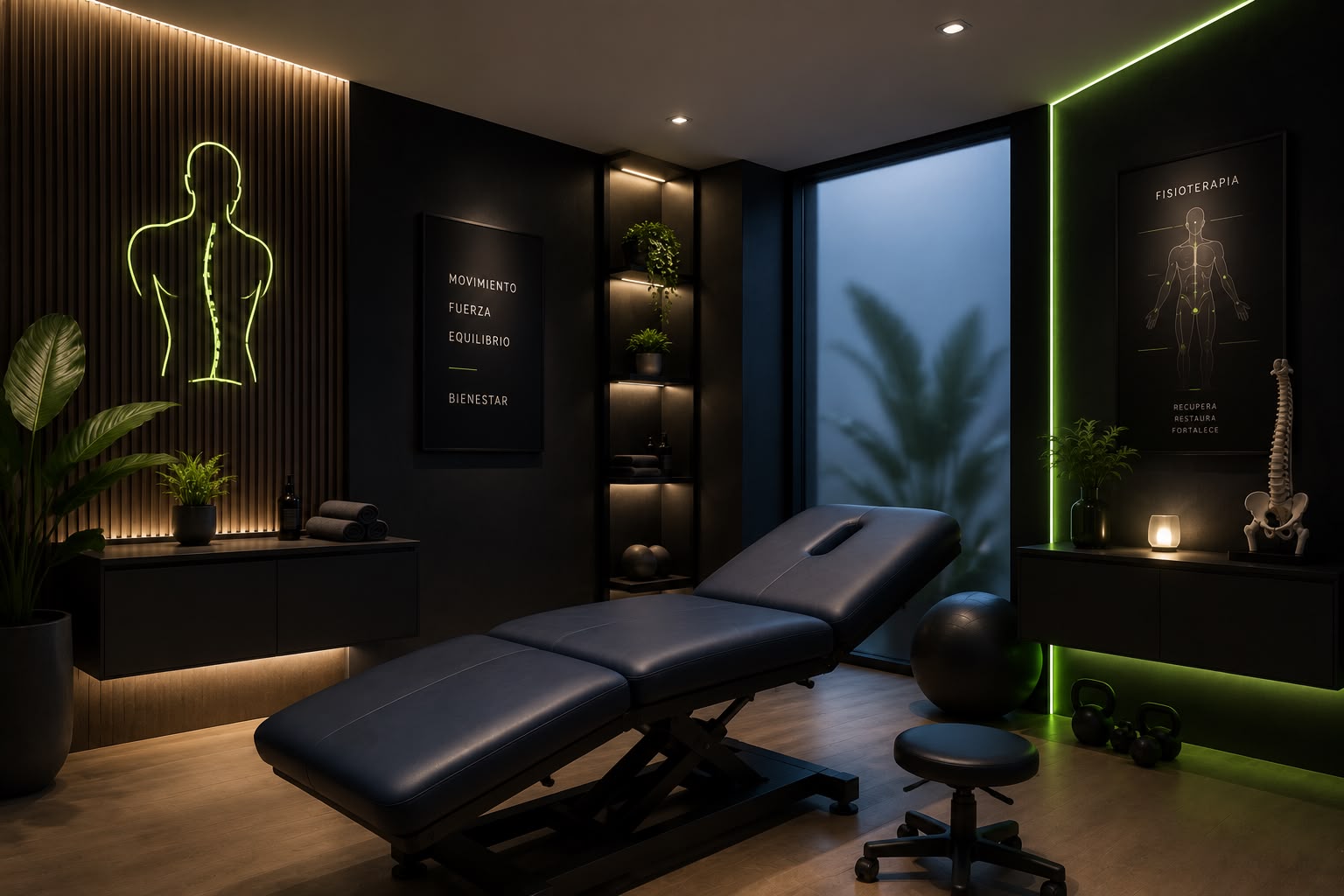 Sala de fisioterapia minimalista con cartel de fisioterapia y luz lime — diseño web para fisioterapeutas