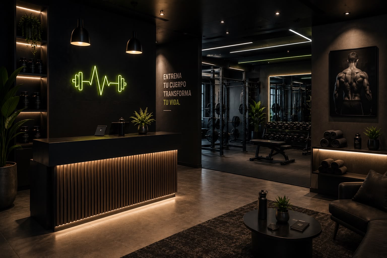 Gimnasio boutique con neón lime — webs y automatización para gimnasios y entrenadores personales