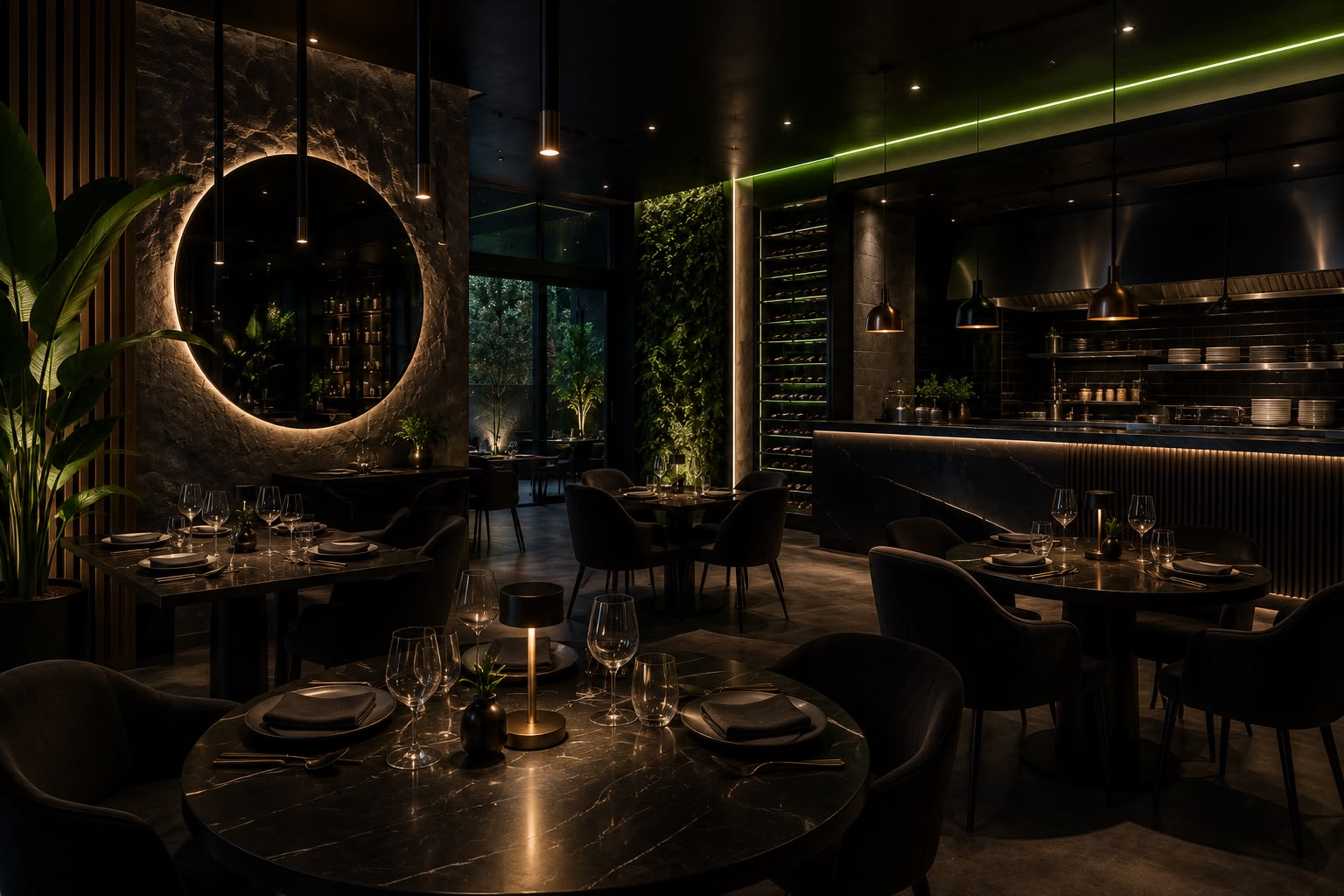 Restaurante de autor con iluminación cálida y bodega — webs y reservas online para hostelería